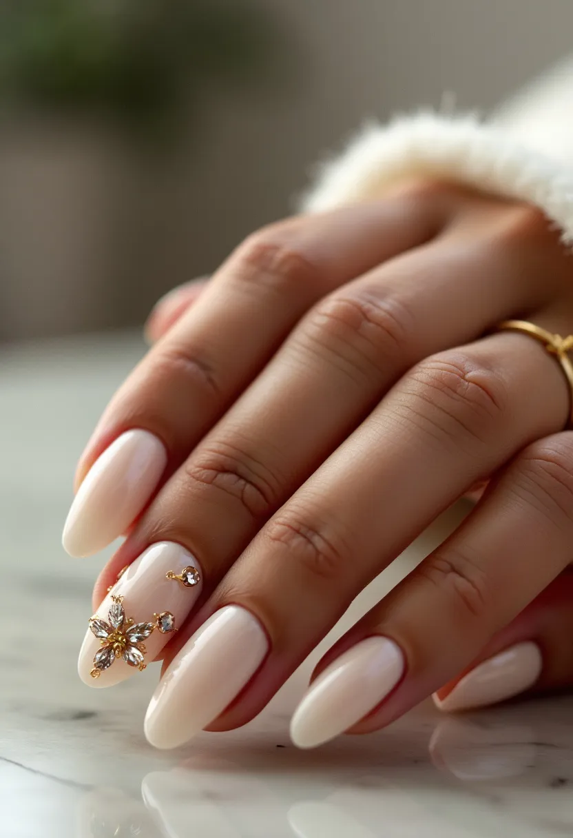 The nail design features a polished, soft ivory nail color palette, exuding elegance and simplicity. The nails are shaped in a refined almond style, providing a flattering and elongated appearance to the fingers. The design incorporates intricate 3D decorations, including delicate floral embellishments and small, sparkling rhinestones, which add a touch of glamour and sophistication. The nail treatment appears to be a gel application, giving the nails a smooth, glossy finish that enhances durability. Clearly, this design is suitable for a special occasion or festive event, reflecting a sophisticated and classy theme with its subtle yet striking decorative elements.