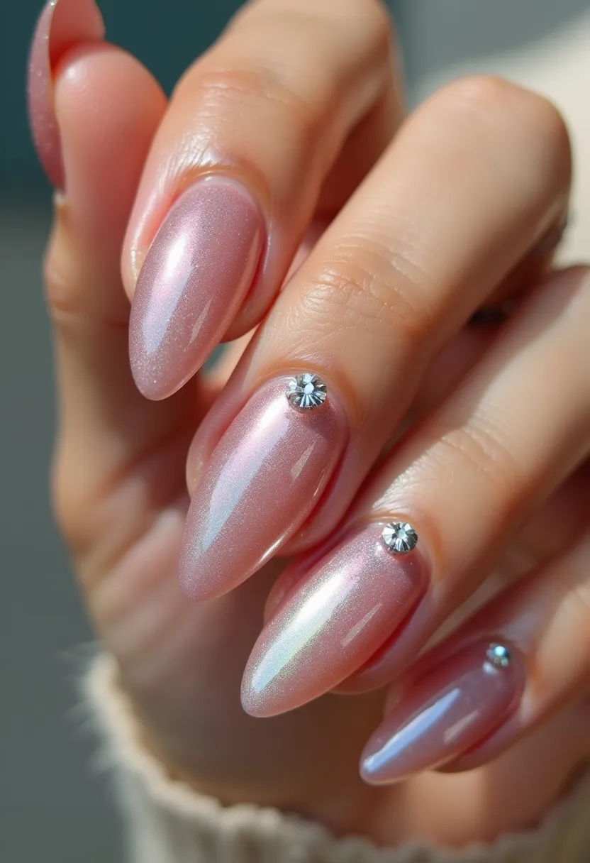 This nail design features almond-shaped nails adorned with a shimmery, iridescent pink base color that reflects a soft, pearlescent sheen. The treatment appears to be done with gel polish, providing a glossy and durable finish. Each nail is accentuated with a small, round, silver rhinestone placed near the cuticle, adding an element of minimalistic elegance. The rhinestones serve as intricate decorative highlights that enhance the overall luxurious and polished look, ideally suited for special occasions or festive events. The delicate color palette and the refined embellishment create a sophisticated and chic aesthetic, perfect for seasonal or celebratory themes.