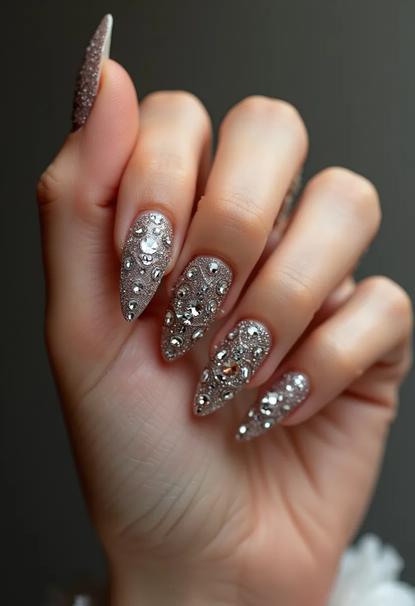 The nail design features a sophisticated and glamorous color palette consisting of a glittery silver base. The nails are shaped to a stiletto point, contributing to the overall elegant and eye-catching look. Intricate patterns are prominently displayed, including the addition of variously sized rhinestones and metallic studs, creating a 3D effect that adds depth and texture to the design. The rhinestones and studs are strategically placed to form an ornate and shimmering pattern. The nail treatment appears to be acrylic, providing the strength needed to support the weight of the decorations. The luxurious and sparkling design suggests a possible theme for a special occasion such as a holiday party or a wedding, evoking a sense of festivity and celebration.