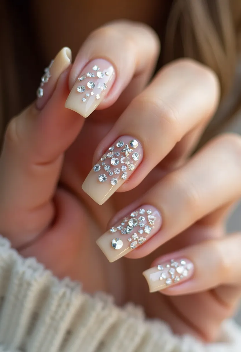 The nail design features a subtle and elegant nude color palette that creates a sophisticated look. The nails are shaped in a square form, showcasing a modern and clean appearance. The decoration includes intricate arrangements of rhinestones of varying sizes, meticulously placed to form sparkling, eye-catching patterns. The design uses what appears to be gel treatment to achieve a smooth and durable finish, characterized by a glossy sheen that enhances the brilliance of the rhinestones. This sophisticated and glamorous design is well-suited for special occasions or festive seasonal themes, potentially favoring events that require a touch of dazzle and elegance.