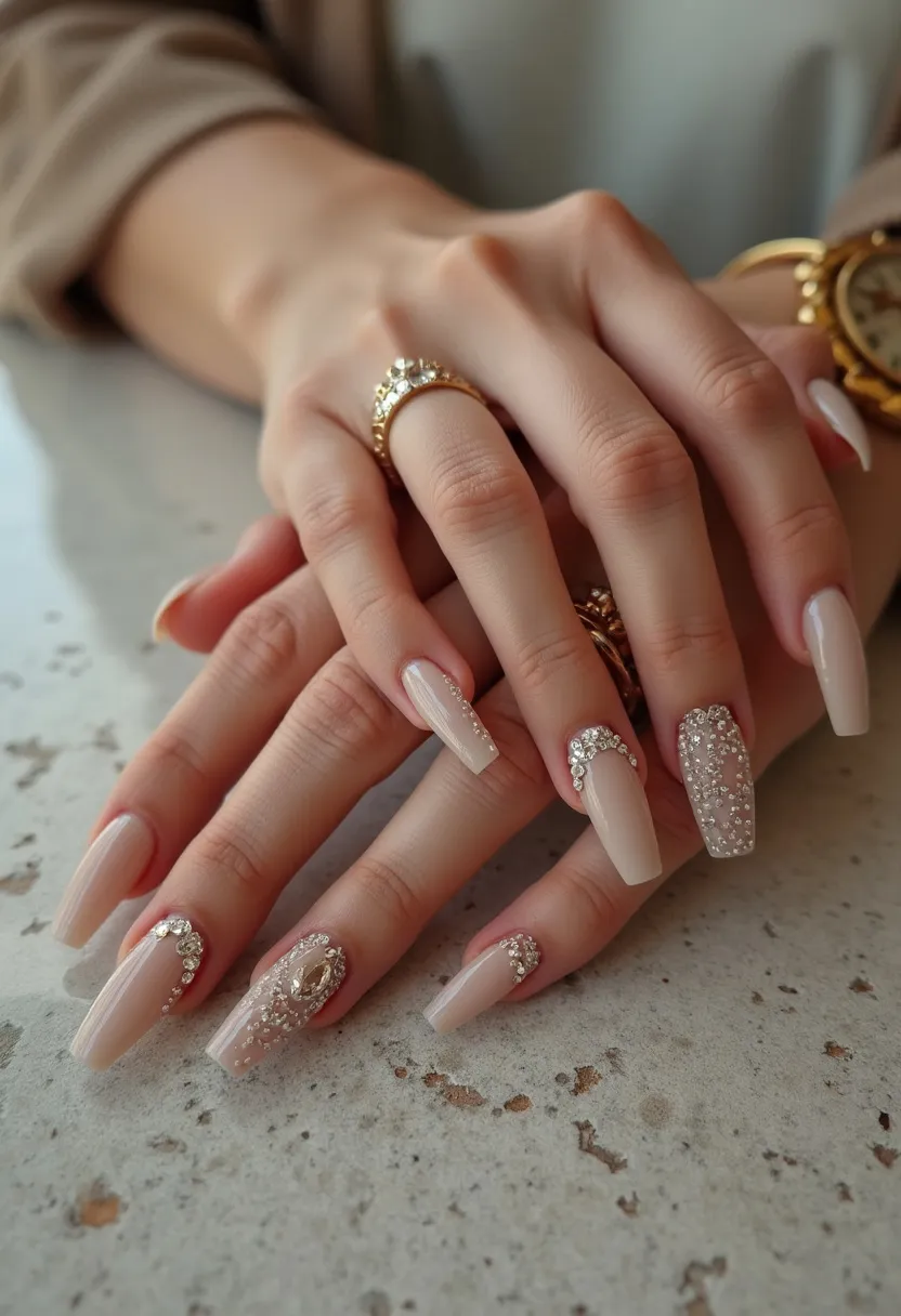 The nail design features a sophisticated and elegant look with a color palette dominated by a soft nude or beige tone. The nails are shaped into a long, square form, providing a stylish and modern appearance. The design incorporates intricate patterns and decorations, most notably with the use of sparkling rhinestones and glitter. These decorations are meticulously placed along the cuticles and extend towards the center on some nails, creating a glamorous and eye-catching effect. The nail treatment appears to be acrylic, given the length and durability of the design. Unique details include varying rhinestone patterns and a mix of fully embellished nails with those having a more simplistic design. This nail art is well-suited for special occasions, such as weddings or formal events, adding to its luxurious and celebratory nature.