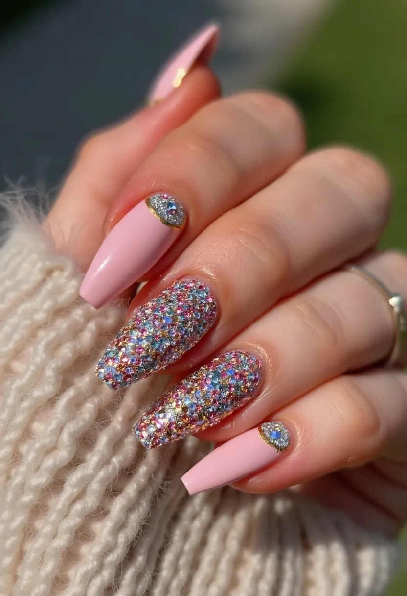 The featured nail design showcases a harmonious blend of soft, pastel pink and vibrant, multicolored glitter. The nails are shaped in a long, tapered coffin style. Two nails are adorned with a solid pastel pink shade, accented by small sections of silver glitter near the cuticles, bordered with delicate gold detailing. The remaining nails highlight a dense, sparkling glitter mosaic in shades of silver, pink, blue, and gold. This intricate design likely employs a gel or acrylic treatment to achieve the sleek finish and robust decoration. The vivid glitter and pastel combination evokes a festive, celebratory mood, suitable for special occasions or holiday seasons.