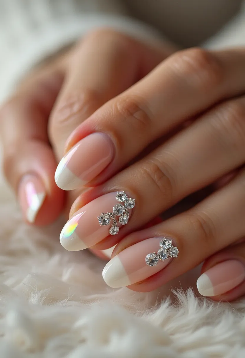 The nail design features an elegant, classic French manicure with a soft pink base and crisp white tips. The nails are shaped in a smooth oval form, providing a sophisticated and elongating effect for the fingers. The design includes intricate decorations on select nails, adorned with sparkling rhinestones arranged in small clusters for added glamour. The treatment appears to be gel, which provides a high-shine, long-lasting finish perfect for special occasions such as weddings or formal events. The overall aesthetic is clean and luxurious, with subtle yet eye-catching details that enhance its refined appearance.