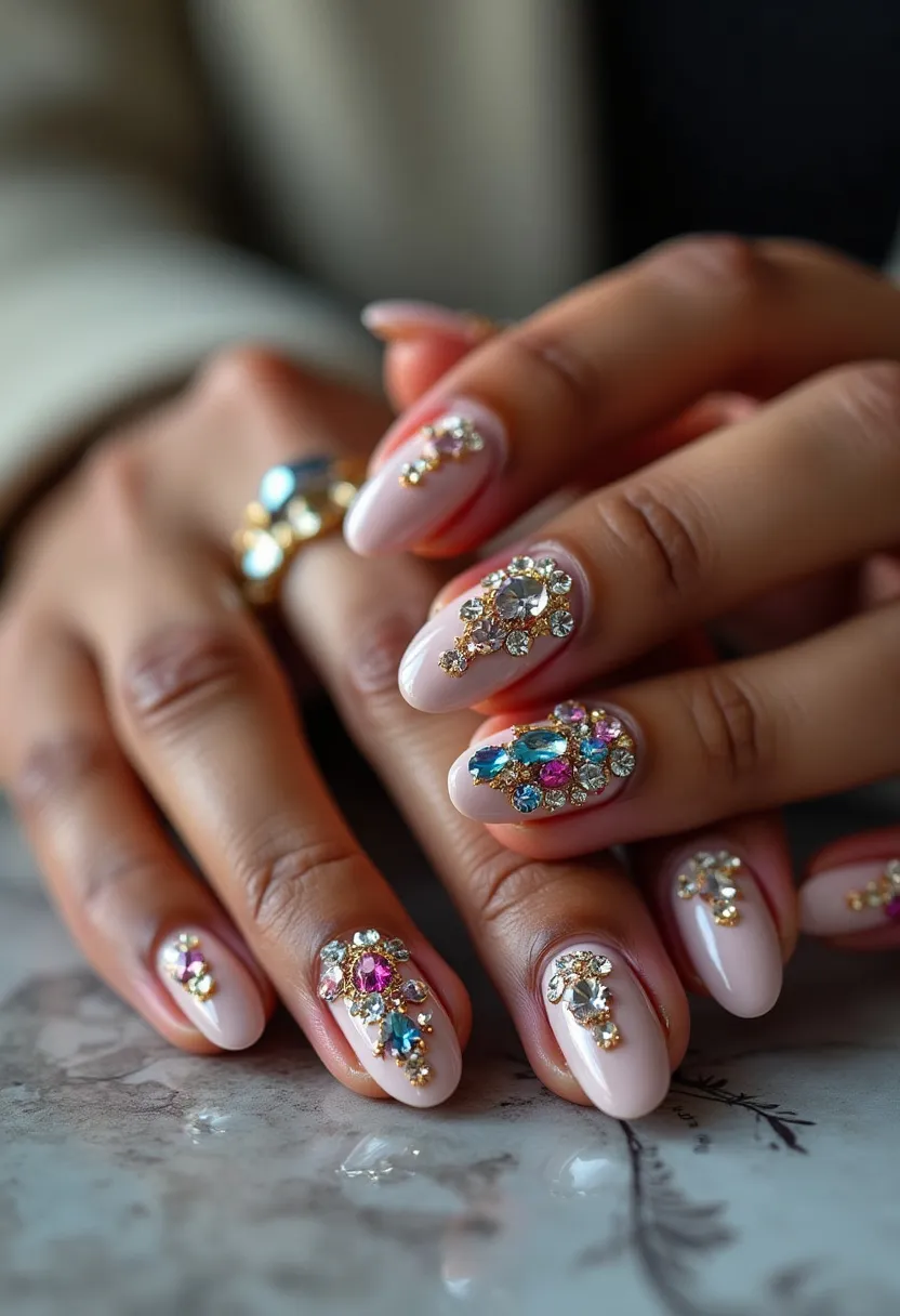 This nail design features an elegant and elaborate style. The nails have an almond shape, which is both classic and chic. They are painted in a light, nude-pink color enhanced with a glossy finish, suggesting either a gel or shellac polish treatment. Each nail is adorned with intricate decorations comprised of colorful crystals and rhinestones in hues of blue, pink, and clear, set in golden settings. These embellishments form ornate patterns that exude a luxurious and celebratory vibe, suitable for special occasions such as weddings or formal events. The overall design interweaves a high level of detail and sophistication, creating a stunning and eye-catching manicure.