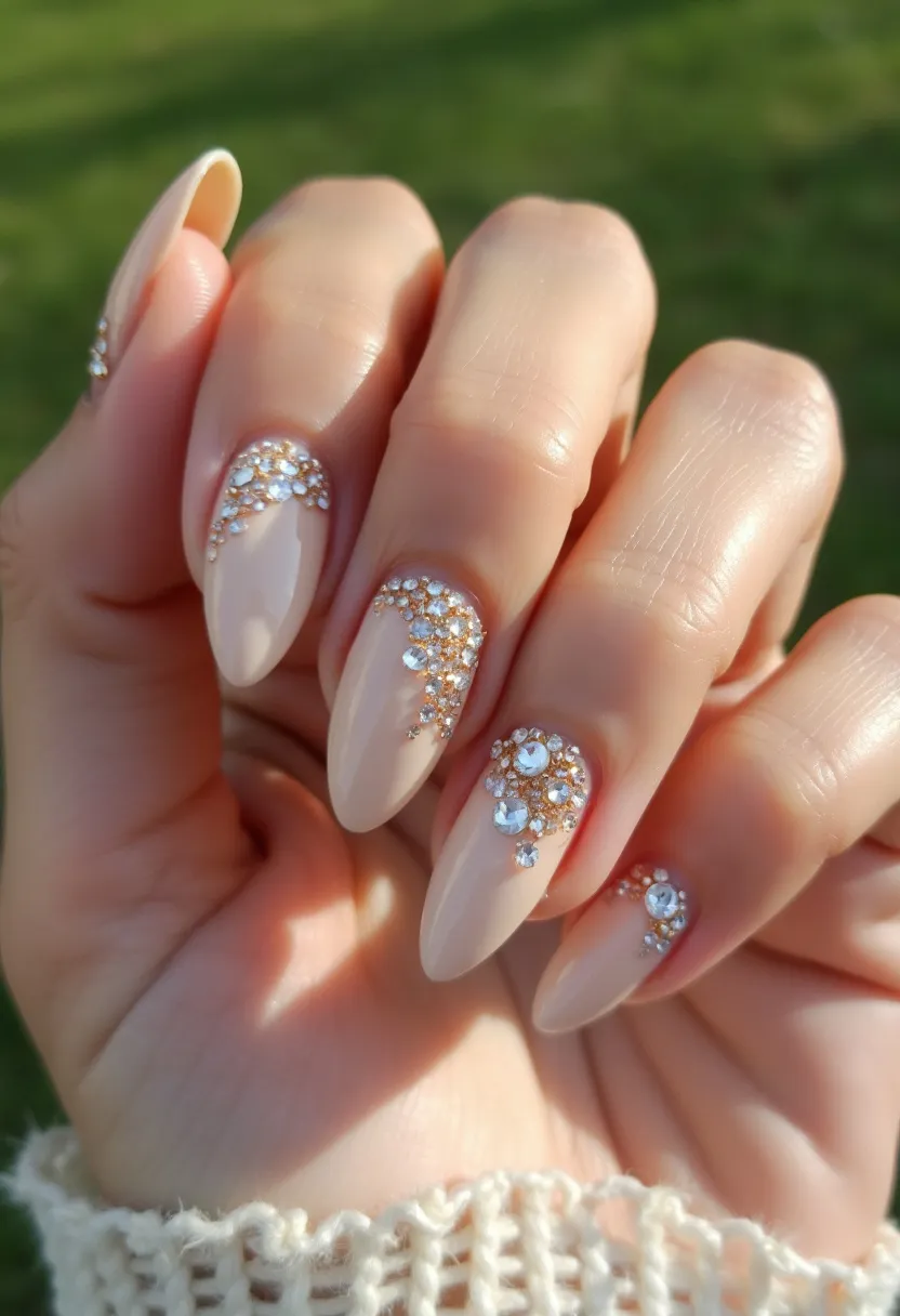 The nail design showcases an elegant almond shape adorned with a sophisticated neutral palette of soft, creamy beige. Each nail is meticulously decorated with intricate rhinestone and crystal patterns concentrated towards the base, creating a luxurious, sparkling effect. The nails appear to be treated with gel, given their glossy and smooth finish. The delicate arrangement of variously sized rhinestones adds a three-dimensional texture, enhancing the overall opulence of the nails. This design, with its classy and sparkling accents, seems perfect for special occasions like weddings or festive celebrations. The combination of understated colors with glamorous embellishments makes this nail art both stylish and eye-catching.