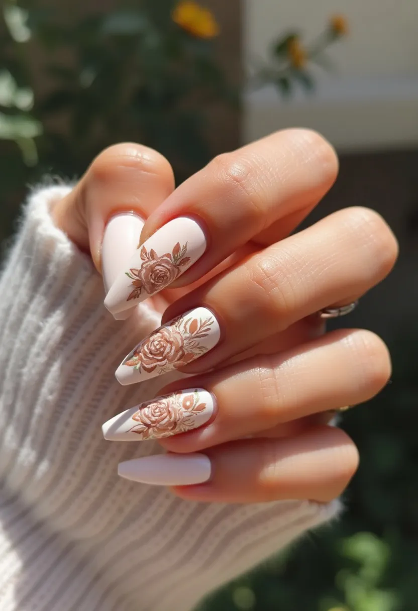 This nail design features a soft white base color, with long, almond-shaped nails that have been meticulously crafted. The focal point of the design is the intricate floral patterns, which are delicately hand-painted in muted shades of bronze and gold, with green leaf accents. The flowers appear primarily on the middle and ring fingers, creating a sophisticated and elegant look. This design is likely achieved using gel polish, which provides a glossy finish and durability. The floral patterns and the color palette give a subtle nod to an autumnal theme, making it perfect for the fall season or special occasions during this time of year.