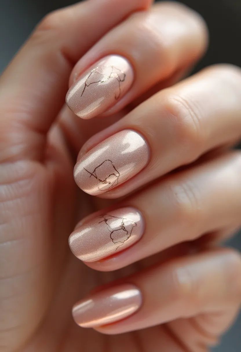 The nail design features a soft, pearlescent nude or light peach color palette, which gives the nails a subtle yet elegant shimmer. The nails are shaped in a medium-length, rounded or oval form, providing a natural and classic look. Intricate, delicate black line patterns that resemble constellations adorn each nail, adding a touch of sophistication and uniqueness to the design. Given the glossy finish and the smooth, well-manicured appearance, the treatment likely involves gel or shellac, which are known for their durability and high-shine finish. The constellation patterns evoke a celestial theme, making this design particularly suitable for seasonal transitions or special occasions that call for a refined yet distinctive aesthetic.