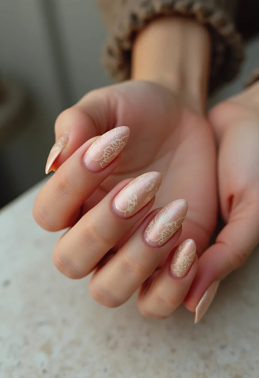 The nail design features a refined and elegant look with a soft color palette of pale pink and shimmery gold. The nails are shaped in a delicate almond form, enhancing their feminine appeal. Intricate patterns of gold lace adorn each nail, adding a touch of sophistication and elegance. The nail treatment appears to be gel-based, giving a glossy and durable finish. This design is beautifully suited for special occasions such as weddings or formal events, lending an air of grace and delicacy to the wearer. The shimmering details and intricate patterns also make it ideal for festive seasonal celebrations.