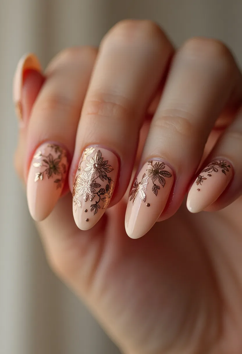 The nail design features a soft beige or nude color palette that serves as the base color for the nails. The nails are shaped with a rounded almond tip, providing both elegance and a modern touch. Intricate gold floral patterns adorn each nail, adding an element of sophistication and detail to the overall look. The floral designs are delicate and intricate, suggesting a professionally done nail art treatment, likely using gel for its smooth and glossy finish. Small gold dots are also incorporated into the design, enhancing the luxurious feel of the manicure. This design suggests a special occasion, such as a formal event or a wedding, and its warm tones and floral patterns make it suitable for a spring or summer theme.