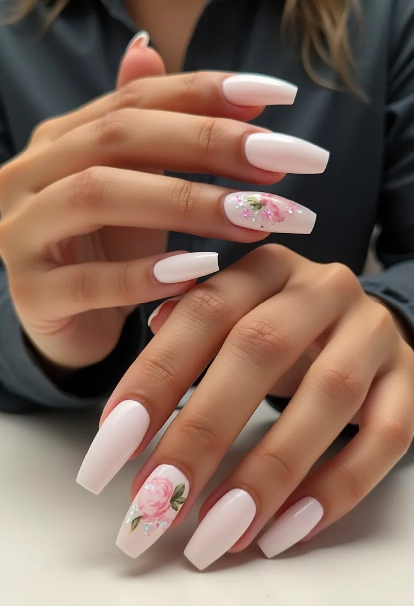 The nail design showcases a delicate and elegant palette dominated by a soft, light pink color. The nails are shaped in a flattering coffin style, giving them a modern and sophisticated look. One of the nails on each hand features an intricate floral pattern with a pink rose and green leaves, accentuated by small, subtle glitter details, adding an extra touch of charm. The likely treatment used here appears to be gel, noted for its smooth and glossy finish that enhances the design's durability and shine. The floral motifs and light color palette suggest a fresh, springtime theme, making this design suitable for events like weddings or garden parties.