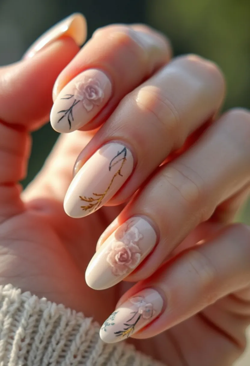 The nail design features an elegant color palette predominantly in soft, pastel pinks and neutral nude shades, exuding a delicate and feminine appeal. The nails are medium-length with an almond shape, perfectly suiting the dainty design. Each nail boasts an intricate floral pattern, with finely detailed roses and subtle branches in varying hues, giving a three-dimensional effect. The nail treatment appears to be gel polish, providing a shiny and smooth finish that accentuates the artistry. This design has a romantic and ethereal vibe, suitable for spring or special occasions such as weddings or anniversaries, making it a timeless and versatile choice.