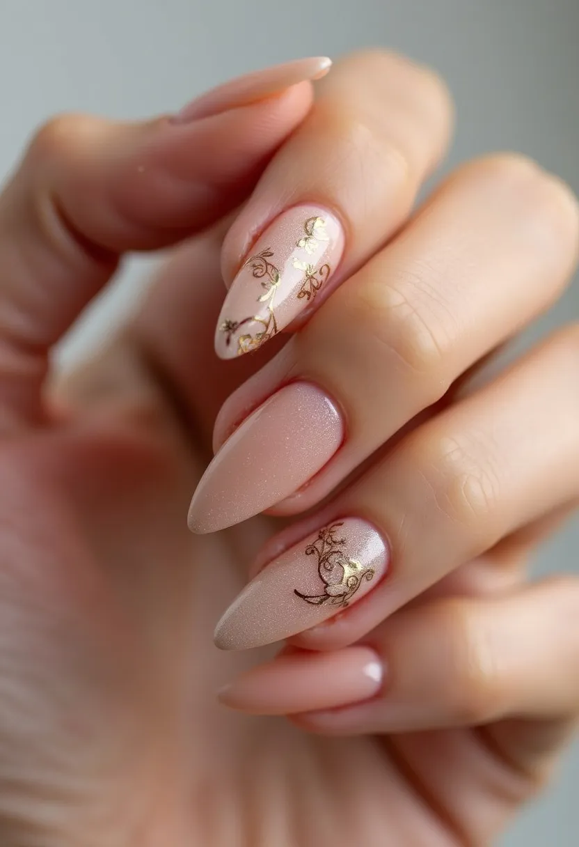 The nail design showcases a sophisticated and elegant aesthetic with a subtle and harmonious color palette. The nails are shaped in a refined almond shape, elongating the fingers gracefully. The nail color is a soft, shimmering nude or blush, providing a delicate base. Intricate gold floral patterns adorn selected nails, adding a touch of luxury and intricacy. These features, along with the high-gloss finish, suggest that gel nail treatment was used, ensuring durability and a sleek appearance. The overall design exhibits a timeless elegance suitable for formal events or special occasions, with an understated, polished look ideal for various seasons.