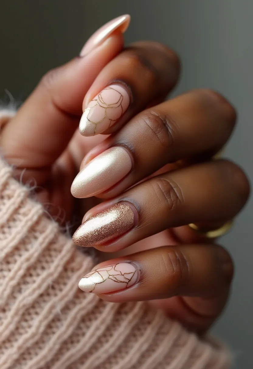 The nail design features a soft, neutral color palette consisting of blush pink and gold tones. The nails are shaped in a medium-length almond style, creating an elegant and elongated look. Each nail is uniquely adorned, with some showcasing a metallic gold finish, while others display intricate gold floral line patterns against a blush pink base. The use of gold glitter adds a touch of sparkle and sophistication. This design appears to be achieved using gel or acrylic treatment, providing a glossy and long-lasting finish. The overall effect is refined and suitable for special occasions, exuding a festive charm that matches well with seasonal themes such as holiday celebrations or weddings.