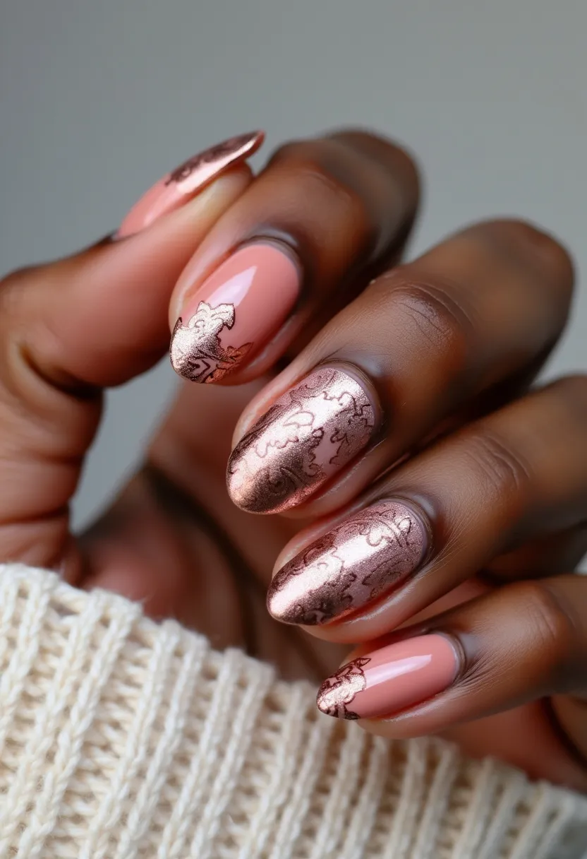 This nail design features a sophisticated color palette dominated by a warm bronze and soft peach hues. The nails are shaped into an elegant oval, accentuating the length of the fingers. Intricate patterns adorn the nails, with delicate bronze floral motifs elegantly overlaying the peach base for a luxurious touch. The nails appear to be treated with gel polish, enhancing their glossy finish and durability. The design evokes a sense of elegance and style, making it suitable for special occasions such as weddings or formal events, or as a chic everyday look during the fall season.