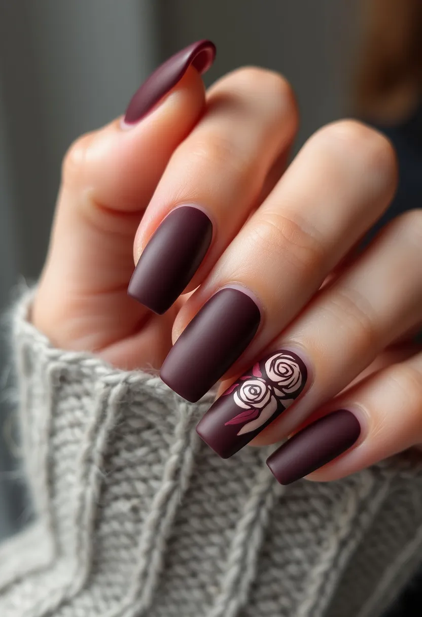 The nail design features a dark, matte maroon or burgundy color palette with square-shaped nails, suggesting sophistication and elegance. One of the nails showcases intricate floral patterns with a detailed design of white and pink roses, accented with subtle green and burgundy leaves, adding an artistic touch to the otherwise uniform color. Based on the smooth and high-quality appearance, the nails appear to have undergone a gel treatment, providing a durable and glossy finish. The design, with its deep hues and floral motifs, evokes an autumnal or winter theme, making it suitable for those seasons or for special occasions such as anniversaries or formal events.