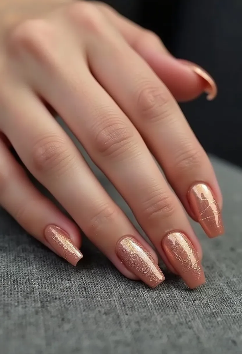 This nail design features a stunning rose gold color palette with a metallic and slightly shimmery finish. The nails are shaped into an elegant coffin shape, which is both modern and stylish. Intricately, some nails display delicate, abstract line patterns in a lighter shade of gold, adding a sophisticated touch to the overall look. The nail treatment appears to be gel, providing a glossy and durable finish that enhances the metallic sheen. The warm tones and luxurious feel of the design make it suitable for autumn or special occasions such as parties or celebratory events, exuding elegance and class.