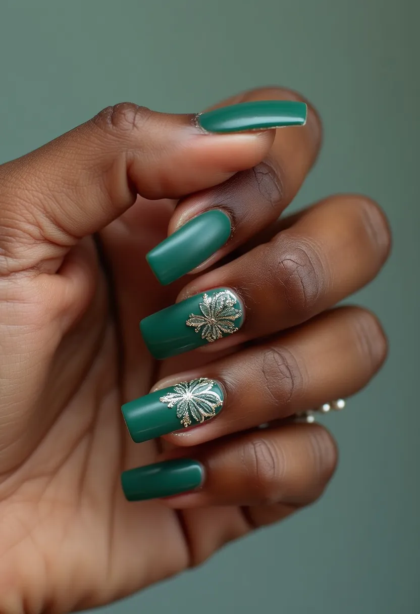 The nail design showcases a matte, forest green color palette, with a sophisticated and elegant overall appearance. The nails are shaped into a squared coffin form, contributing to a modern and stylish finish. Two accent nails feature intricate gold botanical motifs, adding a touch of luxury and detail to the design. The design appears to use gel nail treatment for durability and a smooth finish, making it long-lasting and shiny when needed. The gold accents provide a festive flair, which could be fitting for seasonal themes such as Christmas or other special occasions like weddings or parties.