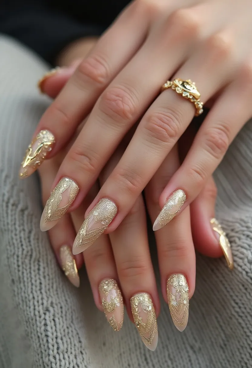 The nail design showcases a beautiful and intricate theme, perfect for special occasions such as weddings or festive events. The nails are long and shaped in a tapered almond style. The color palette consists of a subtle nude base that is elegantly adorned with gold glitter and delicate, lace-like patterns. These designs are accentuated with tasteful small embellishments, adding a touch of luxury and refinement. It appears that a gel treatment has been used, given the glossy and smooth finish. The overall look combines sophistication and glamour, making it an exquisite choice for formal celebrations.