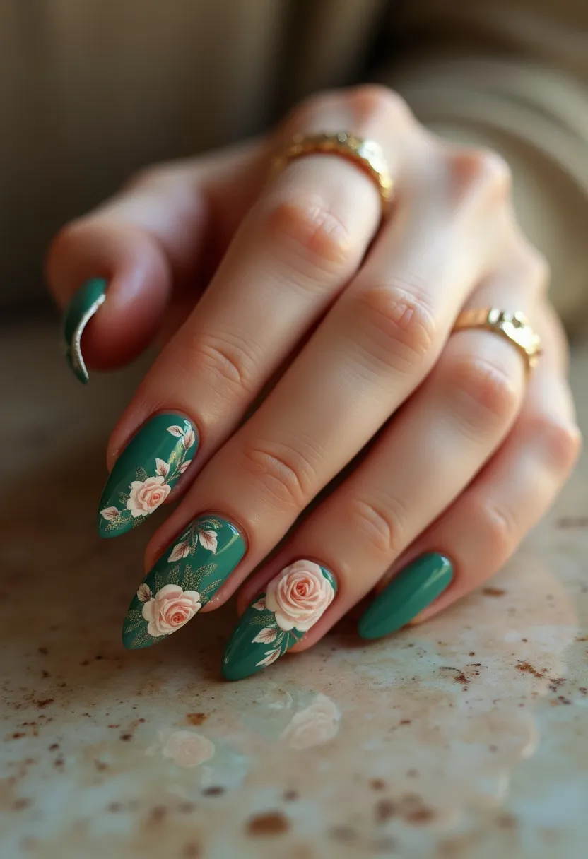 The nail design features an elegant and sophisticated palette primarily of deep green and soft, muted pink. The nails are shaped in a long, pointed almond shape, which adds to the overall elegance. Each nail is meticulously decorated with intricately hand-painted floral patterns, notably featuring delicate roses and leafy vines that accentuate the deep green base. The overall design showcases fine artistry with attention to detail, particularly in the petals and leaves, enhancing the 3D effect of the flowers. This nail treatment appears to be a form of gel polish, given the glossy, smooth finish that offers durability. The floral theme and color choices suggest an appreciation for nature, making this design suitable for spring celebrations or outdoor events, adding a touch of blooming elegance to any occasion.