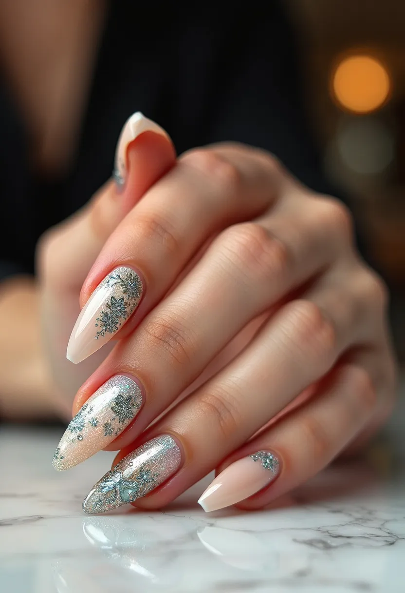 The nail design features a soft yet elegant color palette with a base of light pink and sheer white, accentuated by intricate silver glitter and blue floral patterns. The nails are shaped in an almond stiletto style, which elongates the fingers and adds a touch of sophistication. The design includes detailed floral decorations, which are likely decals or hand-painted, adding a delicate and artistic flair. Given the high-gloss finish, it appears that either gel or dip powder treatment has been used to achieve this look, providing a durable and shiny surface. The sparkling elements and the cool color tones suggest a seasonal winter theme, making these nails perfect for festive occasions or formal events during the colder months.