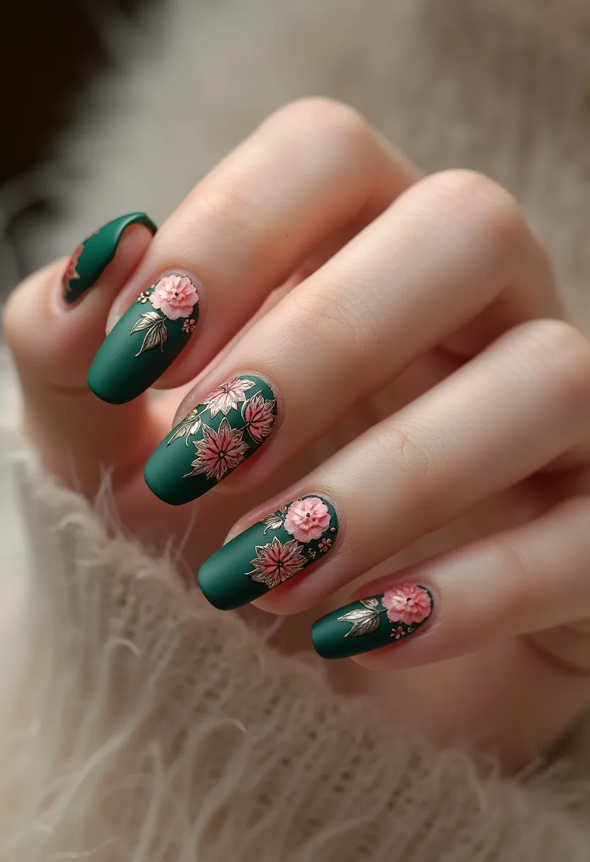 The nail design features a dark green matte color palette as the base, complemented by an array of intricate floral patterns. The flowers are predominantly light pink with detailed petals and gold accents, adding an element of sophistication and elegance. The nails are almond-shaped, offering a graceful and elongated appearance. The floral decorations include detailed leaves and blossoms, bringing a nature-inspired theme to the nails. The treatment appears to be a combination of gel and hand-painted art, ensuring durability and a polished finish. This design is ideal for a fall or winter season, given the use of darker hues and refined floral accents, perfect for special occasions or festive celebrations.