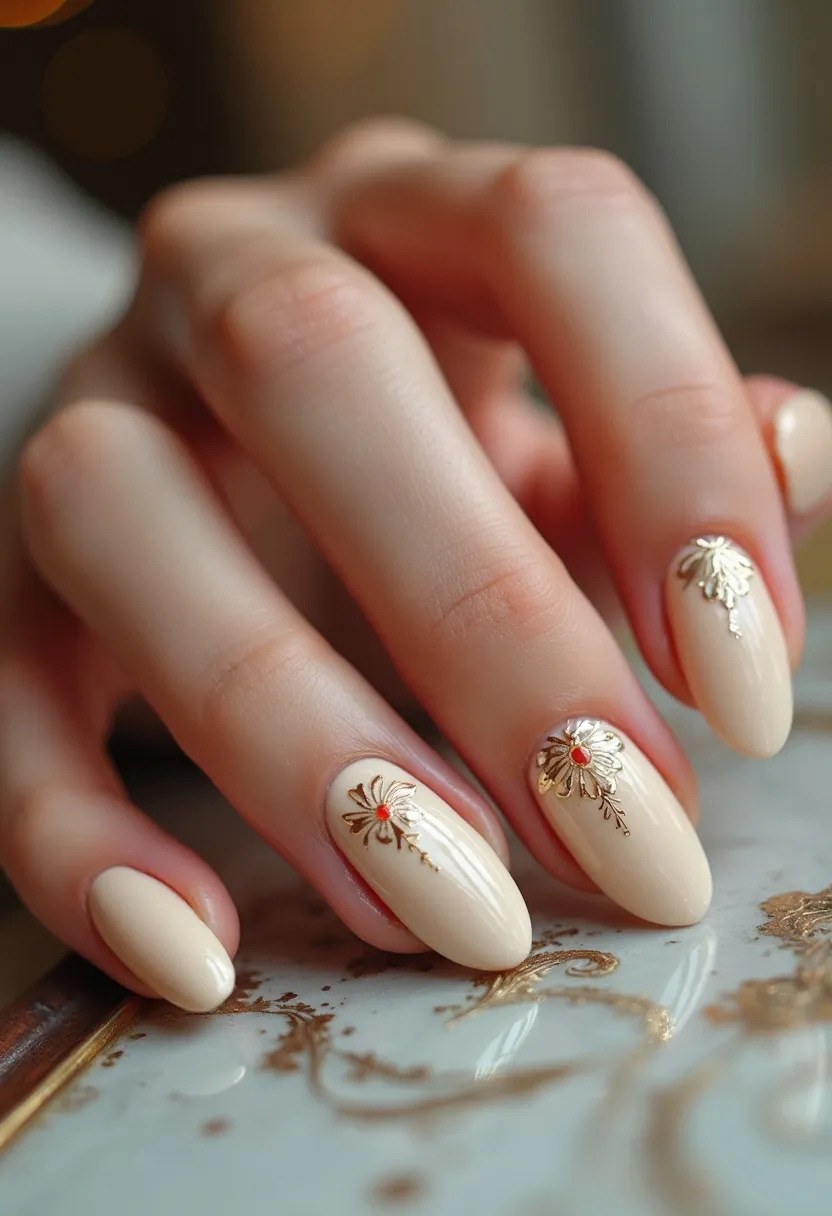 The nail design features an elegant pale beige color palette, providing a sophisticated and understated base. The nails are almond-shaped, which adds to the overall elegance and elongates the fingers. Adorning the nails are intricate gold floral patterns, each detailed with an orange gemstone at the center, offering a refined contrast and a touch of sparkle. The decorations are delicately placed, primarily on accent nails, creating a balanced and aesthetically pleasing look. This manicure appears to be a gel treatment, ensuring durability and a glossy finish. The design is versatile, making it suitable for special occasions such as weddings or formal events, or as a classy everyday style.