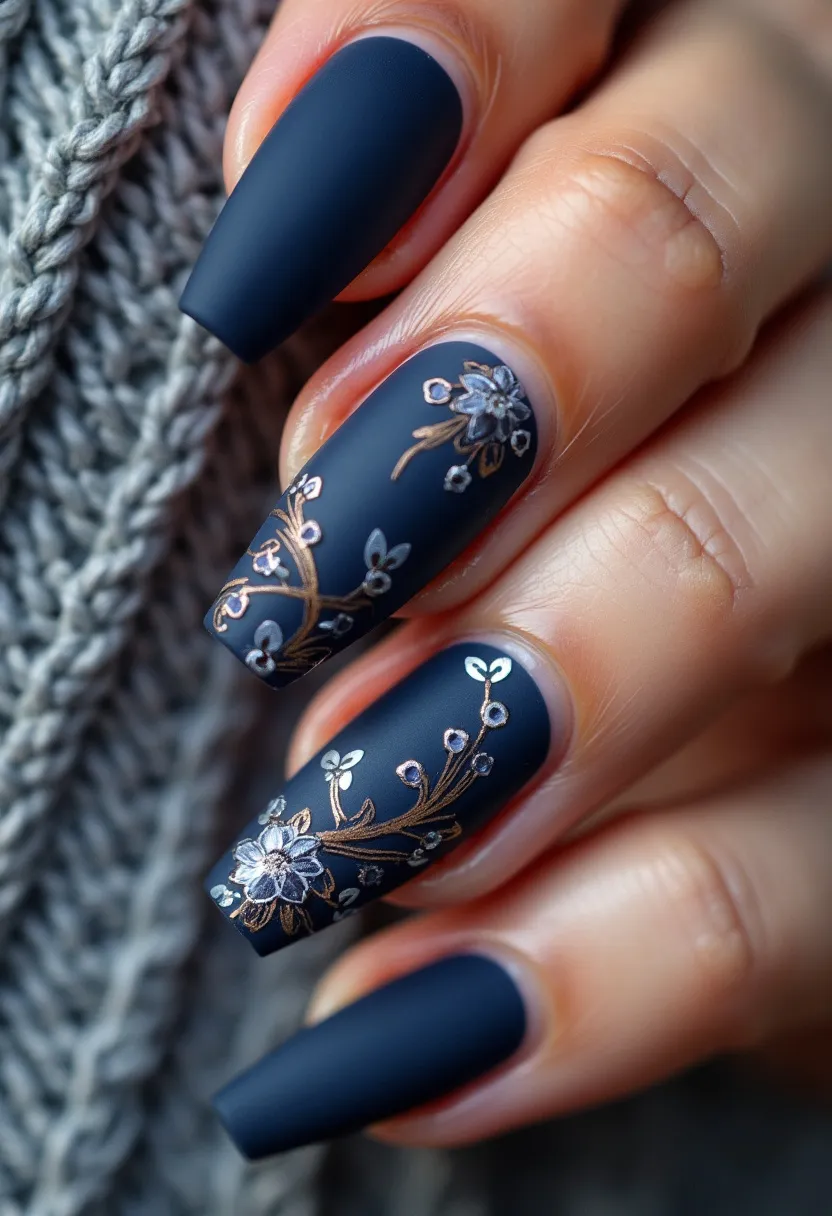 The nail design showcases a sophisticated palette featuring a matte dark blue color. The nails are shaped into a medium-length coffin style, providing a modern and chic look. Intricate floral patterns in gold and white adorn the nails, adding a touch of elegance and intricacy. The designs are detailed and well-crafted, elevating the overall aesthetic. The nails appear to have a gel or acrylic treatment, ensuring durability and a smooth finish. This design is versatile, suitable for both fall and winter seasons due to its dark tone and intricate floral motifs, and it could also be perfect for special occasions like weddings or formal events.