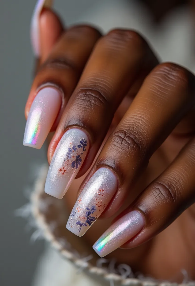 This nail design showcases a beautifully sophisticated look with long, coffin-shaped nails. The color palette consists primarily of a pearlescent, iridescent white base, which adds a touch of elegance and shimmer. Intricate floral patterns in hues of deep purple and coral orange are delicately placed on a few nails, providing a striking contrast against the subtle background. The nails appear to be coated with gel polish, giving them a smooth, glossy finish and long-lasting durability. This design is perfect for a special occasion or a bridal event, exuding a soft, romantic vibe that aligns well with spring or summer seasonal themes.