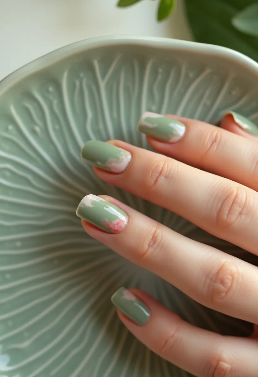 The nail design features a soft and earthy color palette dominated by a sage green shade. The nails are medium-length and have a rounded square shape. Each nail showcases a creative, marbled pattern with swirls of white and pink near the base, adding a touch of elegance and subtle contrast to the dominant green. The finish appears to be smooth and glossy, indicative of either gel or shellac treatment, which enhances the vibrancy of the colors and provides a durable, polished look. This nail design exudes a refined, botanical-inspired aesthetic, making it versatile for various occasions, including casual outings or nature-themed events.