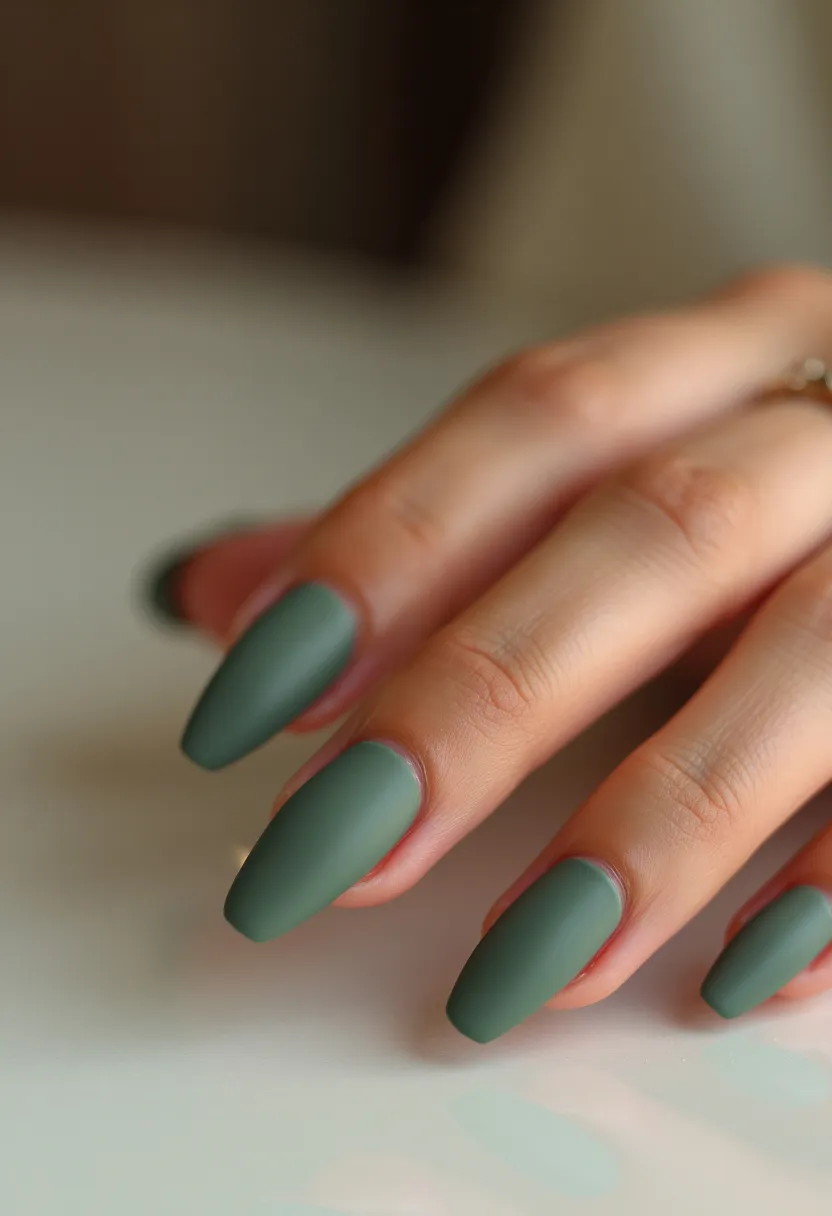 The nail design features a matte, earthy green color palette that exudes a sophisticated and understated elegance. The nails are almond-shaped, providing a sleek and elongated appearance to the fingers. The finish appears to be a matte gel treatment, lending a smooth and velvety texture to the nails. There are no additional patterns, decorations, or adornments, allowing the color and shape to take center stage. This minimalist green design is versatile, suitable for various seasons, but particularly embodies a fresh, natural aesthetic ideal for both everyday wear and special occasions.