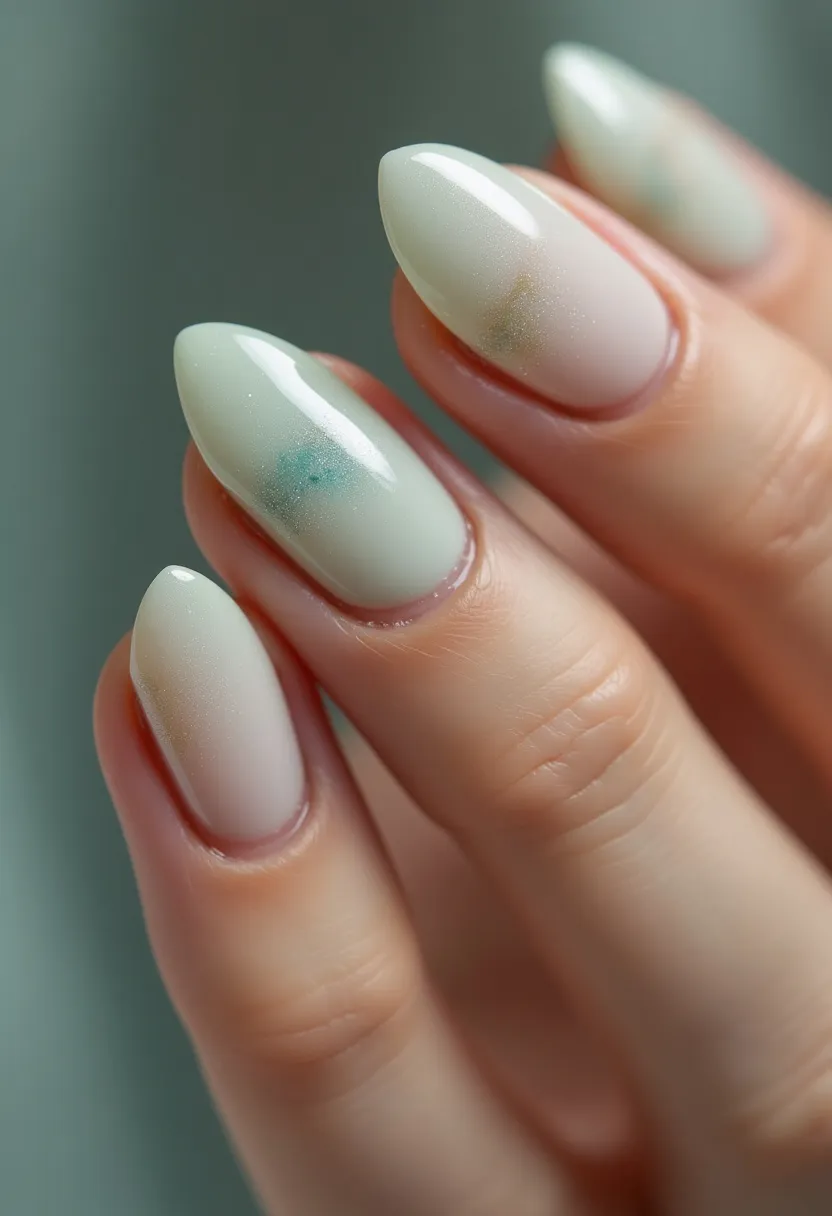 The nail design features a smooth, almond shape with a glossy finish, indicating a possible gel or shellac treatment. The color palette is predominantly a subtle, pastel green with soft gradient transitions, blending into hints of white and pale pink at the base of the nails. Some nails exhibit a delicate touch of abstract patterns, with faint greenish-blue specks, providing an artistic yet subdued element to the design. This elegant combination of colors and patterns gives the nails a refined and sophisticated appearance, suitable for a spring season theme or a special occasion requiring a sophisticated look.