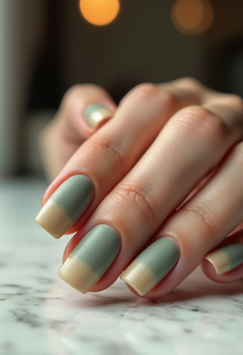 The nail design features a sophisticated and modern palette with a smooth matte finish. The colors include a muted sage green that covers the majority of the nail, paired with a contrasting nude beige at the tips, creating a minimalist color block effect. The nails are medium to long and shaped into a clean, square form, enhancing the contemporary look. The treatment used appears to be a gel manicure, as evidenced by the smooth application and durable appearance. The overall design exudes a timeless and understated elegance, ideal for day-to-day wear or a subtle seasonal transition into autumn.