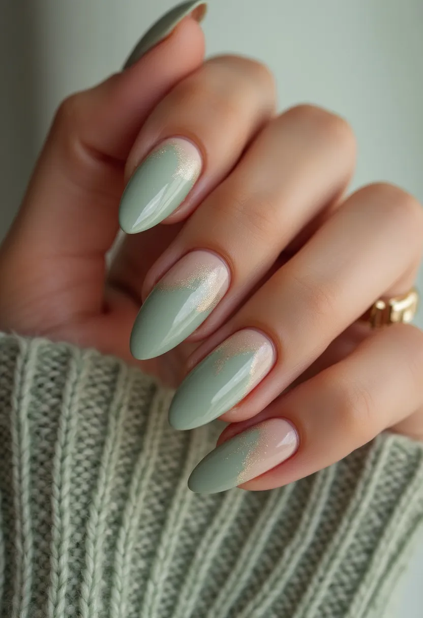 The nail design features an elegant, almond shape that enhances the length of the fingers. The color palette consists of a soothing sage green combined with a neutral, nude base, creating a soft gradient effect on several nails where the green color transitions smoothly from the nude base. Delicate, shimmering gold accents are subtly applied in a thin line where the two colors meet, adding a touch of sophistication and sparkle. The nails appear to be treated with gel for a high-shine, durable finish. This nail design, with its understated yet chic aesthetic, is versatile for both everyday wear and special occasions, particularly fitting for a fall or winter season given the muted green tone.