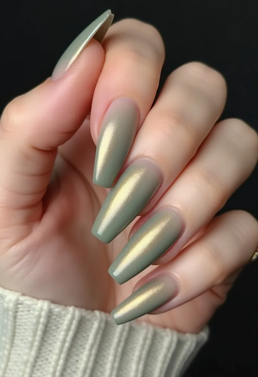 This nail design features long, tapered squoval nails painted with a stunning metallic olive green hue that gives off a soft, shimmery effect. The polish appears to be very smooth, suggesting that a gel treatment might have been used to achieve this glossy, flawless finish. The nails are uniformly coated without any additional patterns or decorations, focusing on the beauty of the metallic color and the clean, elegant lines of the shape. The muted yet captivating tone of the polish makes this design versatile for various seasons and occasions, from sophisticated daily wear to chic holiday looks in autumn or winter.