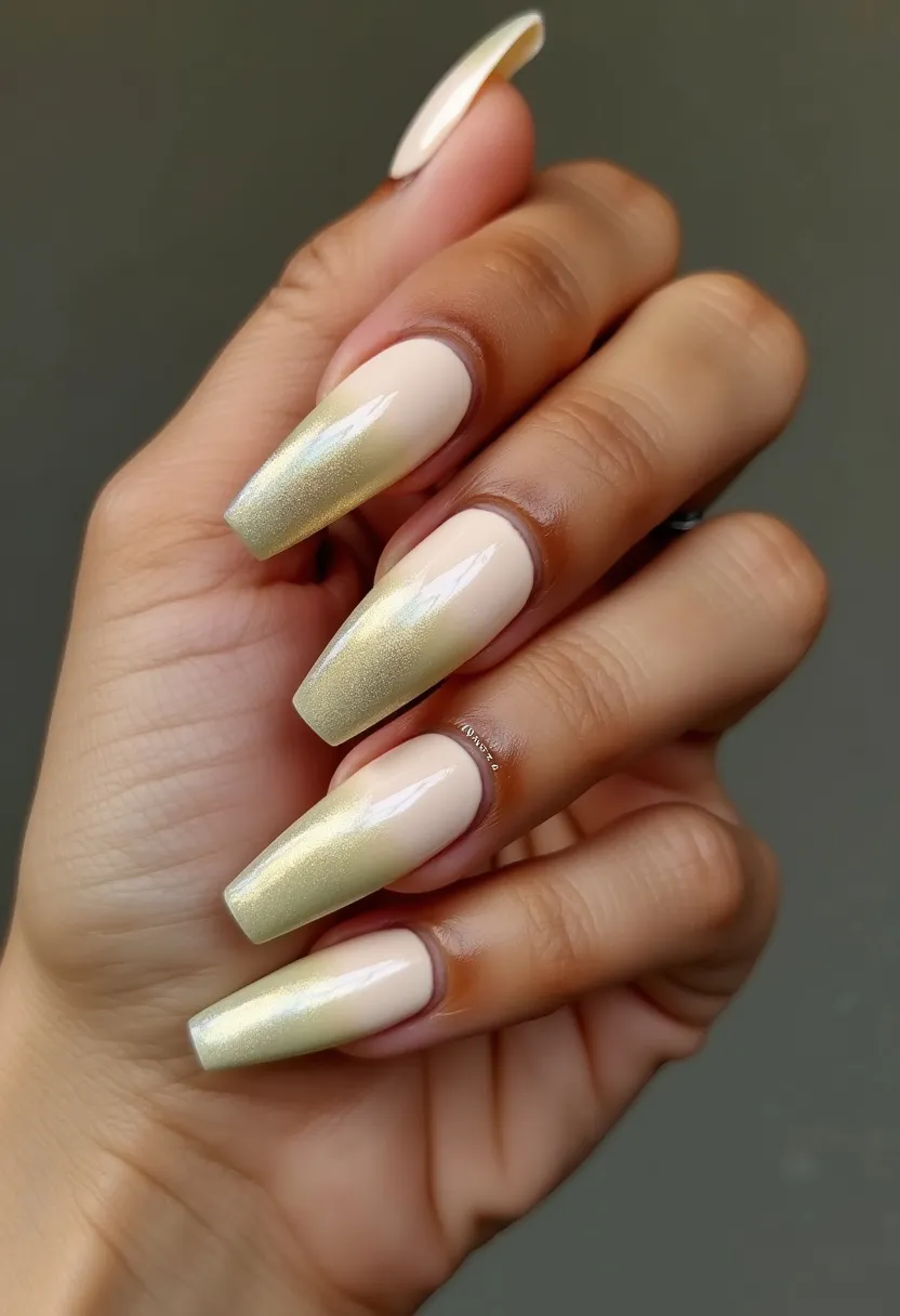 The nail design features a sleek, almond shape with a refined and extended length, suggesting a sophisticated style. The color palette consists of a creamy beige base complemented by a shimmering gold gradient, adding a touch of elegance and luxury to the nails. The shimmering gold accent starts mid-nail, gradually fading towards the tips, creating a subtle but eye-catching ombre effect. The nails appear to have a glossy finish, indicative of a gel or shellac treatment, which provides a smooth and durable look. This design could be well-suited for special occasions or seasonal themes such as winter holidays or celebratory events due to its luxurious and festive appearance.