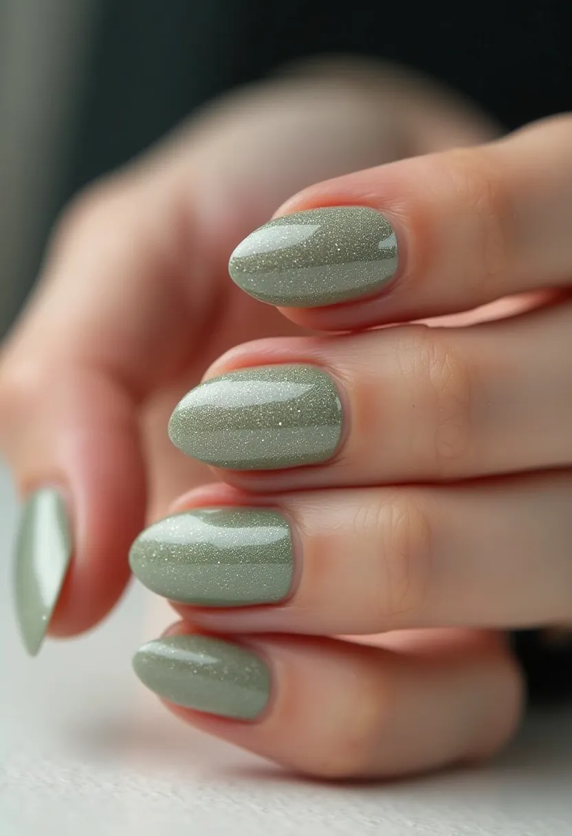 The nail design features a glossy and elegant look with a subtle green color palette, enhanced with fine glitter particles that add a shimmering effect to the polish. The nails are shaped in a soft almond form, which accentuates their length while maintaining a delicate appearance. The manicure appears to utilize gel polish, noted for its shiny, durable finish. The design is simple yet sophisticated, with no additional intricate patterns or decorations, making it versatile for various occasions. This minimalist approach can be suitable for both everyday wear and special events, especially during the spring season due to its fresh and muted green tone.