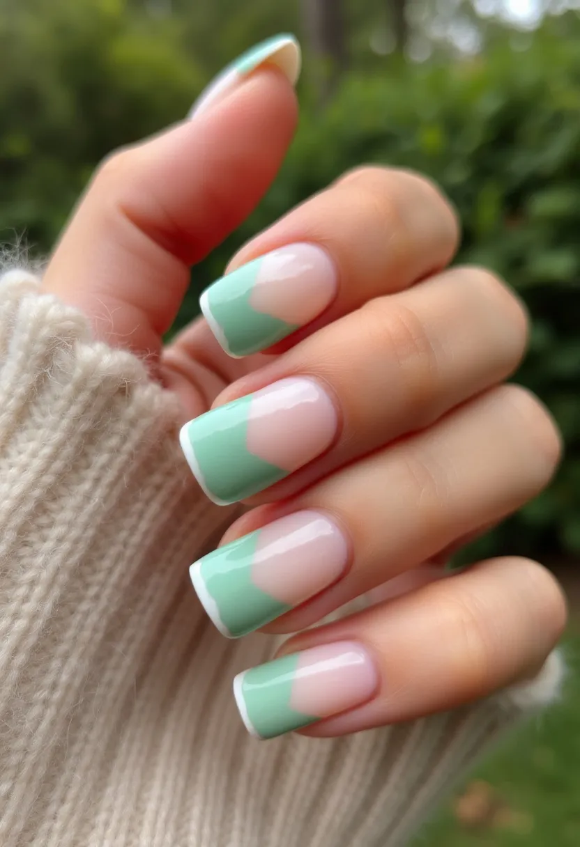 This nail design features a combination of a soft, pastel green and a pale pink as its primary color palette, applied in a modern, geometric pattern. The nails are shaped in a medium-length square tip, providing a clean and stylish look. The intricate pattern showcases a diagonal split where each nail has one half painted in pastel green and the other in pale pink, embellished with a delicate white outline along the green edge that meets the unpainted half. The overall sheen and smooth finish indicate the use of a gel treatment. The design simplicity and calming color choices suggest it might be appropriate for springtime or a relaxed, casual occasion.