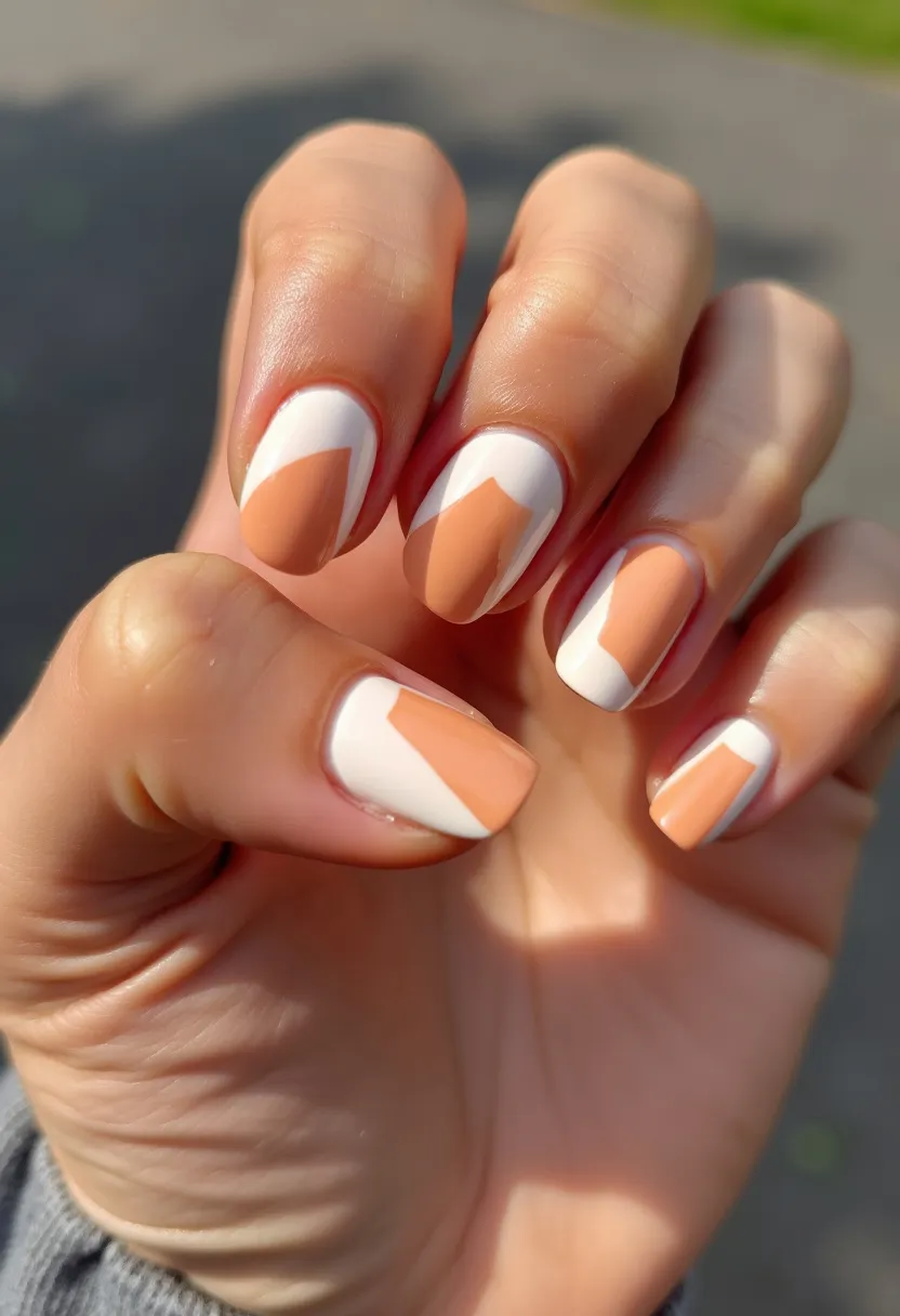 The nail design features a contemporary and chic look with a color palette primarily consisting of soft peach and white. The nails are shaped in a short, rounded-square form, providing a neat and clean appearance. Intricate geometric patterns adorn the nails, with a harmonious blend of white and peach segments creating an abstract, modern design. The finish suggests a glossy treatment, likely gel or shellac, ensuring a smooth and shiny surface. This design's muted pastel colors and sleek geometry make it versatile for various occasions, emphasizing a minimalist aesthetic suitable for both everyday wear and special events.