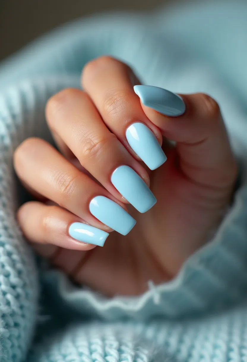 The nail design showcases a solid pastel blue color palette, exuding an elegant and serene aesthetic. The nails are shaped into a sleek and slightly tapered square form, providing a modern and sophisticated look. The surface of the nails has a glossy finish, suggesting a gel treatment that gives a smooth and polished appearance. There are no intricate patterns or additional decorations, emphasizing the simplicity and chicness of the design. This clean and minimalistic style can be suitable for various occasions, from everyday wear to special events, and can complement winter or spring seasonal themes due to the cool, soft color.