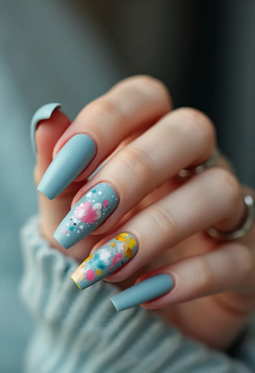 The nail design showcases a sophisticated and creative use of color and pattern. The primary palette consists of a matte, muted blue that serves as the base color for most of the nails. The nails are shaped in a modern coffin style, characterized by their long length and flat, squared-off tips. Two of the nails feature intricate, artistic designs; one nail is adorned with a heart motif surrounded by abstract, multicolored dots and splashes of white, pink, and black, while another nail incorporates a mix of yellow, pink, and white abstract patterns reminiscent of a watercolor painting. This detailed artwork suggests the use of gel polish, which allows for such precise and lasting designs. The overall aesthetic has a whimsical, artistic quality, suitable for the spring or summer seasons or for special, creative occasions.