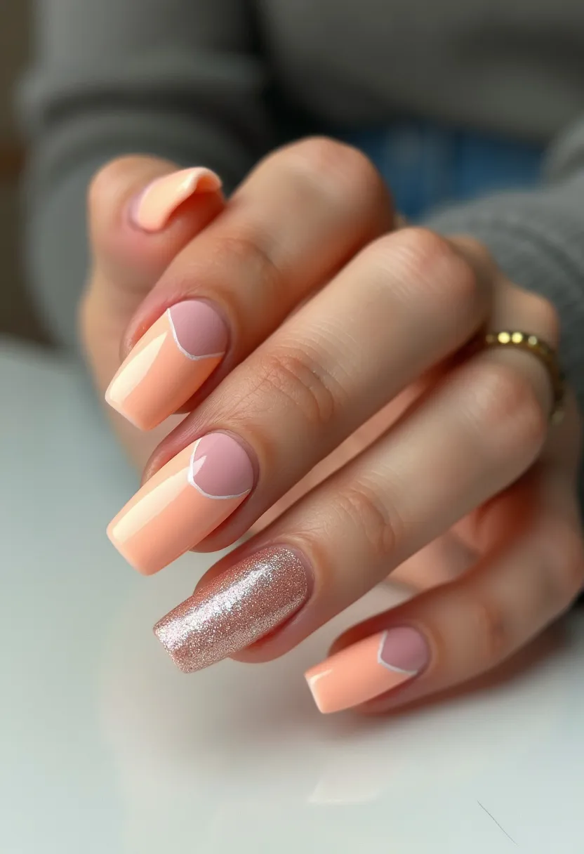 The nail design features a sophisticated color palette with a combination of soft peach and subtle pink shades, accented with a singular glittery nail for added glamour. The nails are shaped in a universally flattering square form with slightly rounded edges. A delicate, intricate pattern is present where the peach color forms an elegant swooping line against the base pink, defining a half-moon design near the cuticle, which adds a touch of modern artistry. The glittery nail offers a stunning contrast, bringing sparkle and depth to the overall look. This design appears to be achieved with a gel treatment, providing a glossy, durable finish. The design's soft color palette and stylish form make it suitable for various occasions, including weddings or other celebratory events, and it fits well with both the spring and summer seasons.