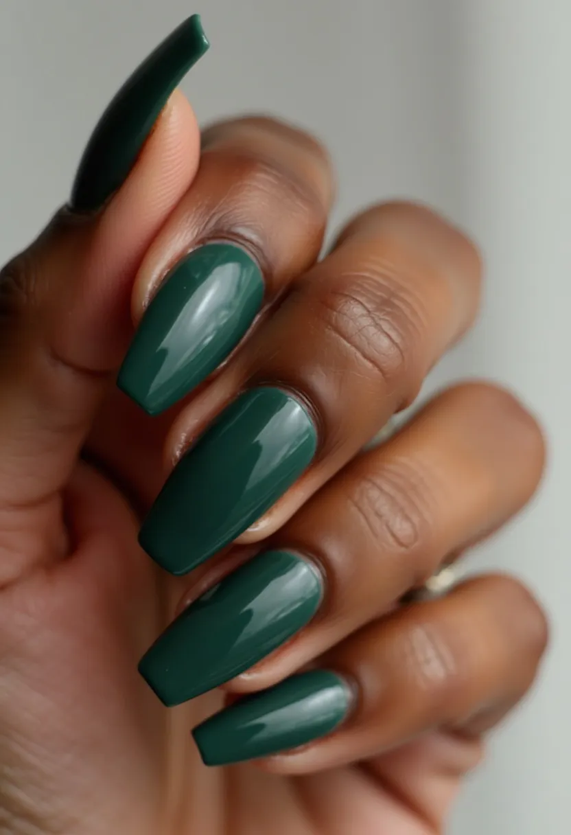 The nail design features a rich, deep green color palette with a high-gloss finish, suggesting a gel or shellac treatment for added shine and durability. The nails are shaped into a long, coffin style, providing a sleek and modern look that elongates the fingers. There are no additional intricate patterns or decorations, maintaining a minimalist aesthetic that lets the bold green color stand out on its own. This design could be suitable for the fall or winter seasons due to the darker hue, but its classic and elegant appearance also makes it versatile enough for any special occasion or daily wear.