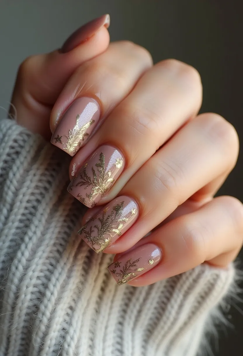 The nail design features a neutral, nude color palette with a soft, beige base. The nails are shaped in a medium-length square form, contributing to a sophisticated and elegant appearance. Intricately detailed gold foil patterns resembling delicate leaves or branches embellish the nails, adding a touch of glamor and intricacy to the design. The finish appears glossy, typical of gel nail treatments, enhancing the design's durability and shine. This nail art exudes a seasonal theme suited for autumn or special occasions like weddings or formal events, where elegance and a touch of nature-inspired artistry are desired.