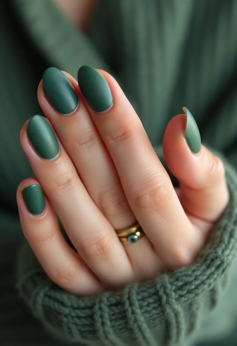 The nail design showcases a rich, matte green color palette, providing a sophisticated and earthy tone to the manicure. The nails are shaped in a smooth, rounded almond shape, adding an elegant and elongated appearance to the fingers. While the design is minimalist without intricate patterns or decorations, the velvety matte finish itself serves as a distinctive feature, giving the nails a textured and modern look. This type of nail treatment appears to be a matte gel polish, known for its durability and long-lasting effect. The deep green hue is suggestive of a seasonal autumn theme, perfect for cooler months and aligning well with nature-inspired fashion trends.