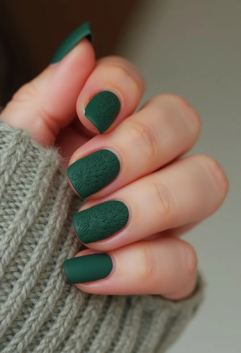 The nail design features a rich, forest green color palette, providing an elegant and earthy vibe. The nails are medium length and shaped with neatly rounded tips. They showcase intricate patterns with a matte finish; there are delicately embossed floral designs on some of the nails, adding a touch of sophistication and texture. The treatment appears to be a gel manicure, known for its durability and glossy look, although the final appearance is matte. This nail design seems particularly fitting for a fall or winter season, enhancing the natural and subdued tones typical of those times of year. The overall look is chic and well-suited for both casual and formal occasions.