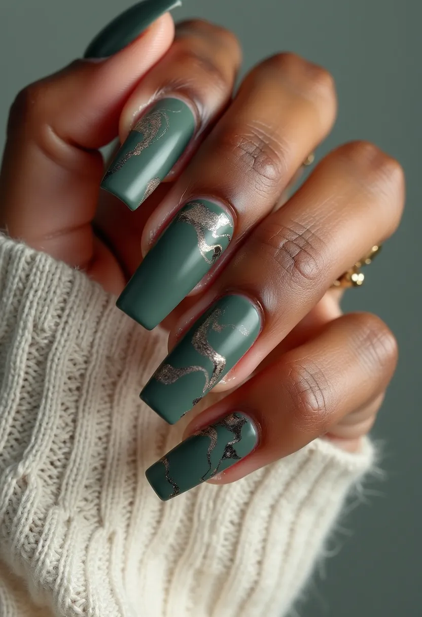 The nail design features a rich, matte green color palette, with a striking decorative accent of metallic silver swirls on each nail. The nails are shaped in a long, coffin or ballerina style, providing an elegant and sophisticated look. The intricate silver patterns give a touch of glamour and contrast beautifully against the deep green base. The type of nail treatment appears to be a gel manicure, given the smooth, polished finish and durability. This specific design, with its earthy tones and metallic details, is well-suited for the autumn or winter seasons, adding a chic, modern edge to any outfit.