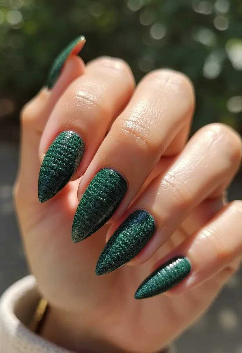 The nail design features a striking green color palette with a shimmering metallic finish, giving the nails a textured, luxurious appearance. The nails are shaped into long, pointy stilettos, enhancing their dramatic effect. The intricate pattern resembles ridges or lines, adding a unique, almost serpentine texture to the design. The treatment used appears to be gel, providing a high-gloss, durable finish that complements the sophisticated and bold aesthetic. This nail design could be suitable for special occasions or festive seasons, offering an elegant but edgy look.