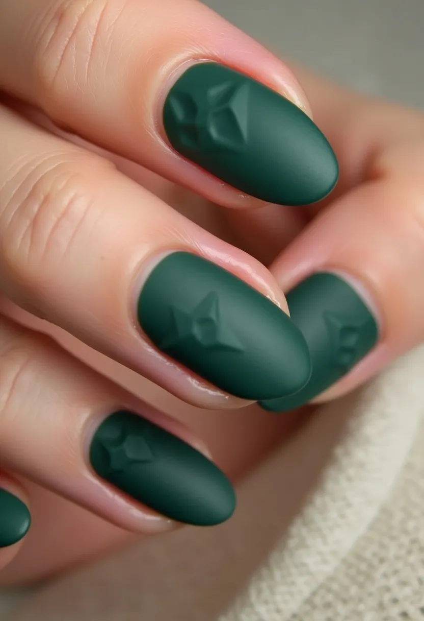 The nail design features a rich, matte green color palette that creates a sophisticated and contemporary look. The nails are shaped in a sleek, rounded almond form, adding elegance to the overall style. Intricate patterns are subtly embossed on each nail, with geometric star-like designs that give the manicure a unique and three-dimensional effect. The finish appears to be a matte gel treatment, giving a smooth and durable texture. This design lends itself well to autumn or winter themes, suitable for special occasions that demand a refined yet understated appearance. The muted green hue and embossed detailing add a touch of modern artistry to the classic elegance of the rounded almond shape.