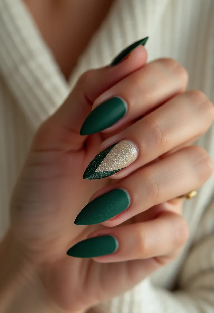 The nail design showcases a sophisticated palette of deep matte green and a subtle, shimmering gold accent. The nails are shaped into elegant, almond tips, giving a refined and elongated appearance to the fingers. The decor includes a striking geometric design on the ring finger, featuring a gold base overlaid with a green V-shaped pattern, adding a playful yet chic contrast. The use of matte green gives a bold and modern touch, suggesting a possible gel or acrylic treatment for a smooth, long-lasting finish. This nail design appears well-suited for the autumn season or special occasions requiring a polished yet distinctive look, blending elegance with a hint of festive flair.