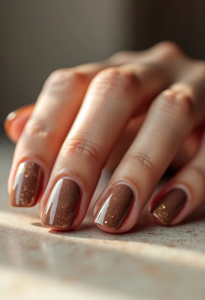 The nail design features short, square-shaped nails painted in a rich, warm brown palette. Each nail displays a glossy finish, likely achieved through a gel or acrylic treatment, giving them a shiny, polished appearance. Subtle, yet elegant, golden glitter is dispersed across the brown base, adding a touch of sparkle and sophistication to the manicure. This design combines simplicity with a hint of glamour, making it suitable for autumnal themes or festive occasions. The use of brown and gold highlights creates a warm and inviting aesthetic, perfect for complementing seasonal wardrobes.